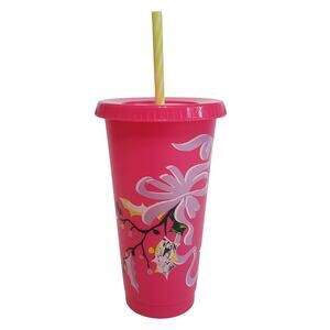Starbucks Holiday 2022 Cold Cup Tumbler Pink Yellow Festive 24 Ounce Collectible